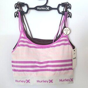 Hurley Women's 2 Pack Ribbed Strappy Striped Purple Pink Taupe Sports Bras Sz M